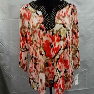 NEW‎ Valerie Stevens Tunic Top Womens P Lg Multicolor Red Floral Stretch Petite